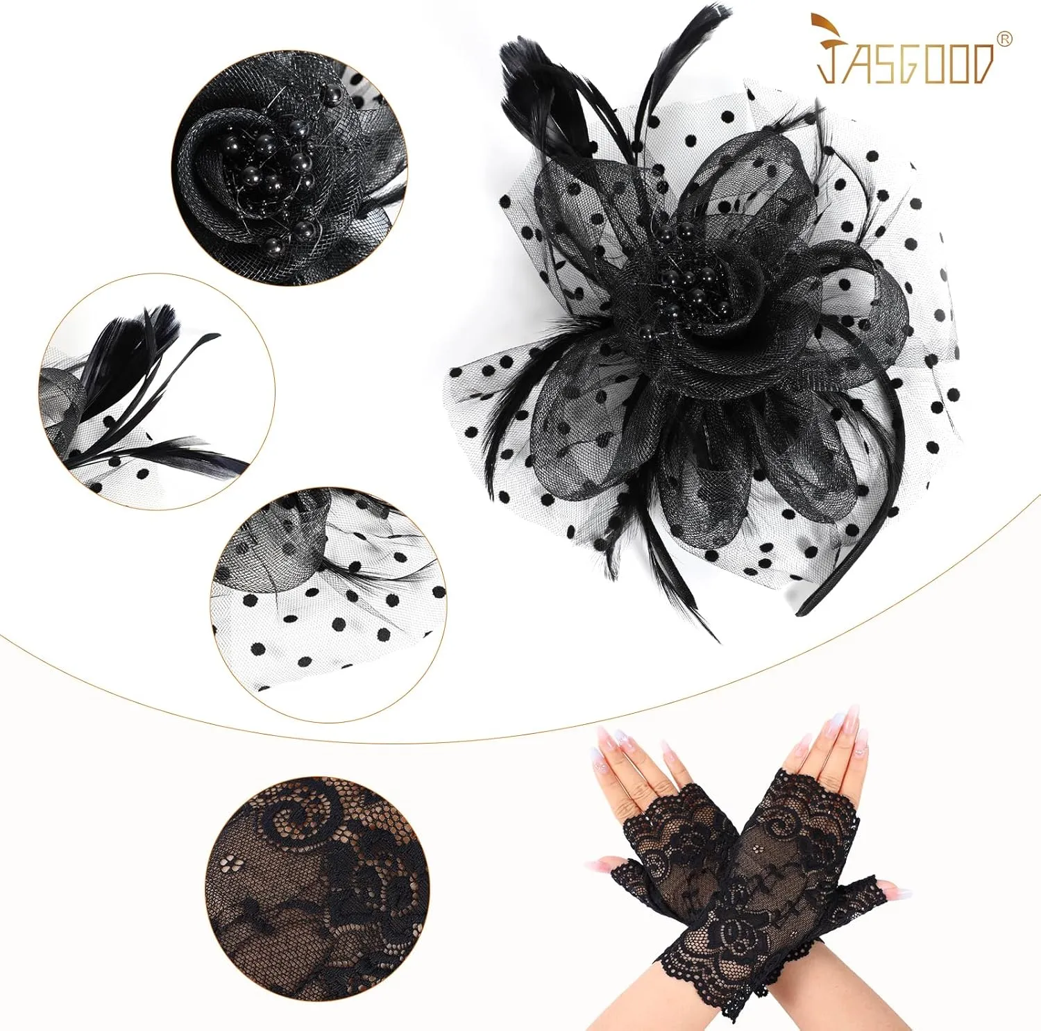 JASGOOD 2Pcs Fascinators Hat Clip for Tea Party with Lace Gloves Flower Mesh Feathers Wedding Headwear for Girls and Ladies