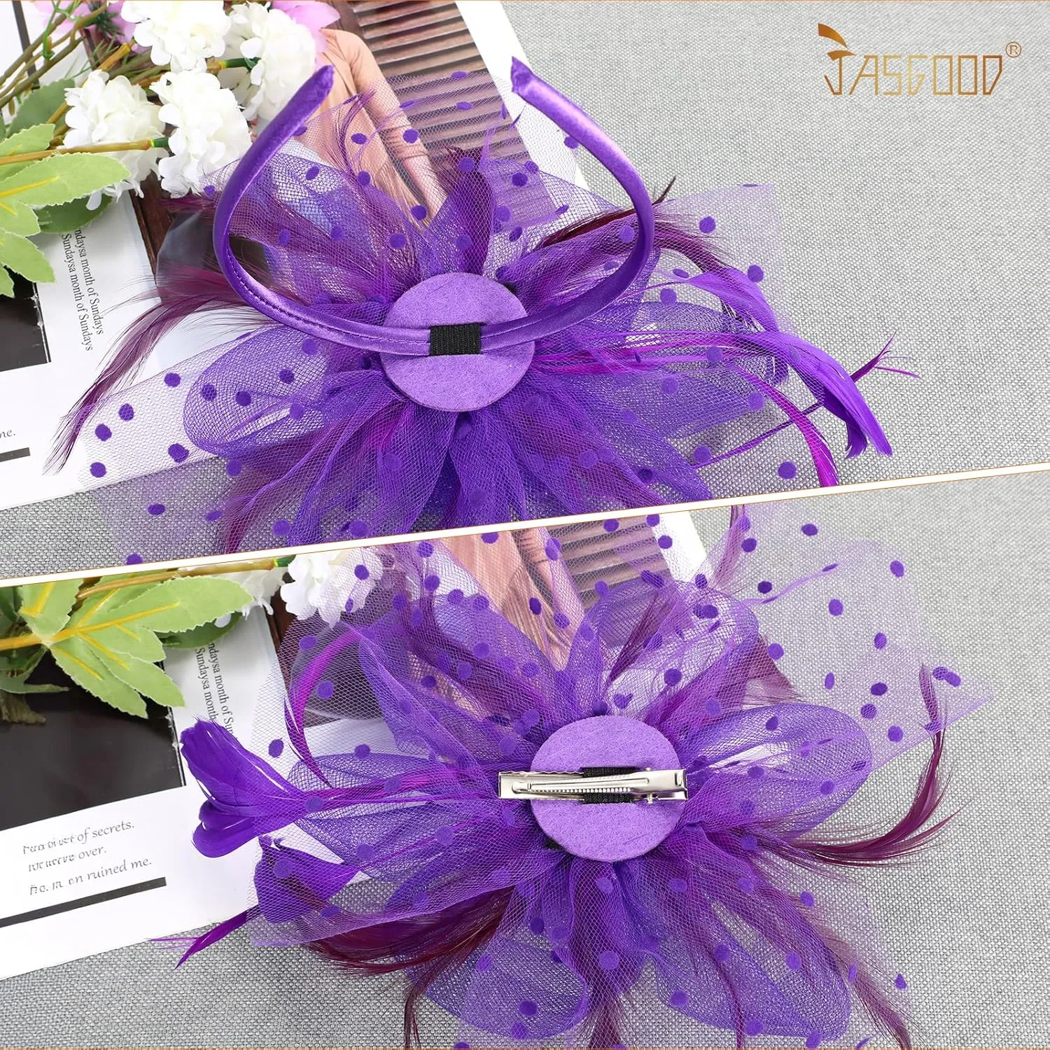 JASGOOD 2Pcs Fascinators Hat Clip for Tea Party with Lace Gloves Flower Mesh Feathers Wedding Headwear for Girls and Ladies
