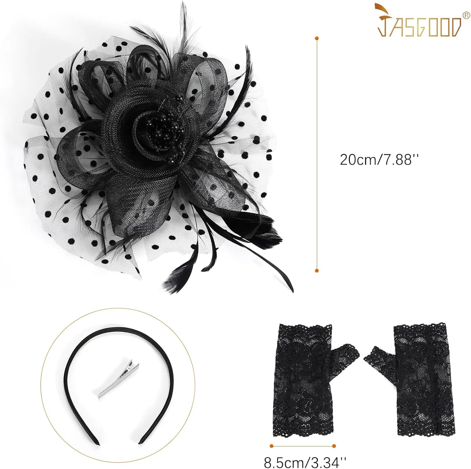 JASGOOD 2Pcs Fascinators Hat Clip for Tea Party with Lace Gloves Flower Mesh Feathers Wedding Headwear for Girls and Ladies