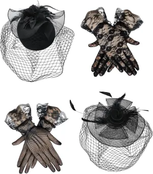 JenPen 4 Pcs Tea Party Hat for Women Funeral Veils Mesh Headband Fascinators Hat for Women Short Lace Gloves 20s 50s Costume Accessories for Wedding Black