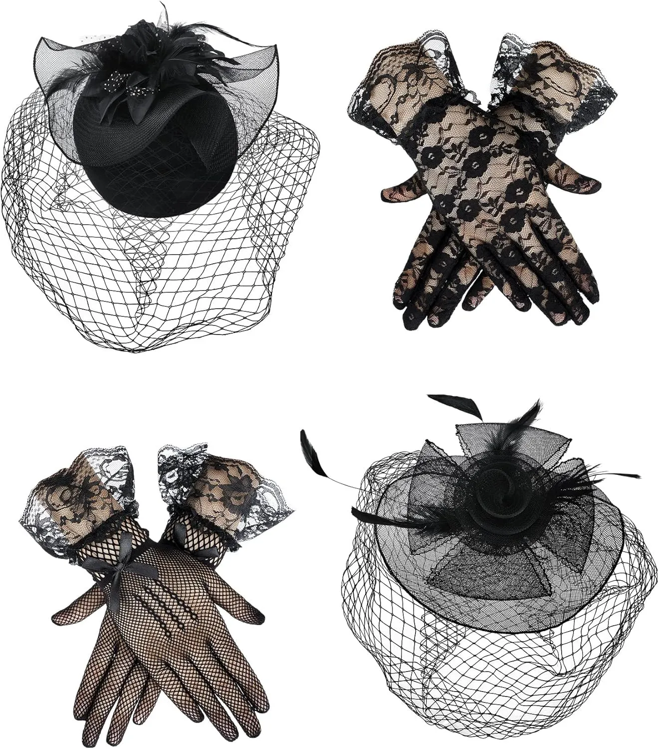 JenPen 4 Pcs Tea Party Hat for Women Funeral Veils Mesh Headband Fascinators Hat for Women Short Lace Gloves 20s 50s Costume Accessories for Wedding Black