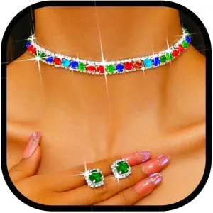 JEWEKY Colorful Rhinestone Choker Necklace Jewelry Set Silver Necklaces for Women