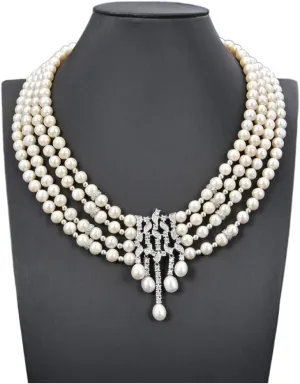 Jewelry 18inch 4 Strands Cultured White Pearl Statement Necklace Pendant
