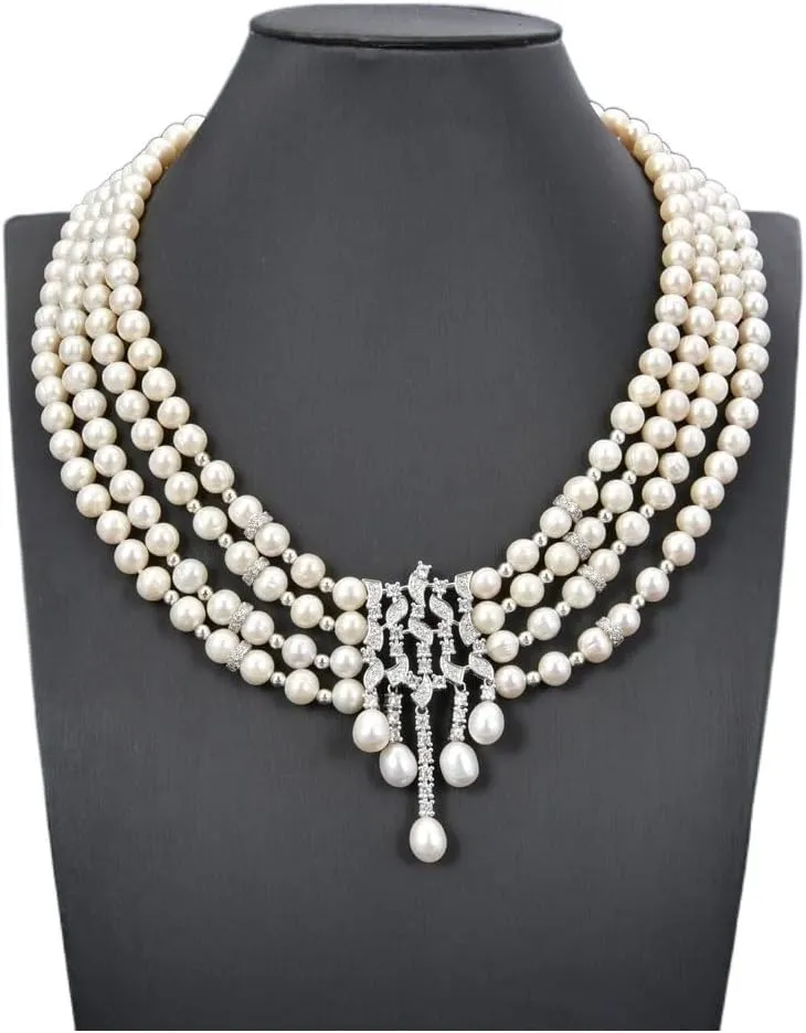 Jewelry 18inch 4 Strands Cultured White Pearl Statement Necklace Pendant