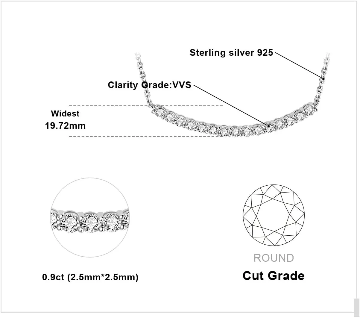 JewelryPalace Round Cut Cubic Zirconia Bar Collar Pendant Necklace for Women, 14K White Yellow Rose Gold Plated 925 Sterling Silver Necklaces for Her, Simulated Diamond 18 Inches Chain