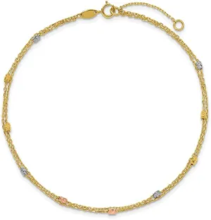 JewelryWeb 0.65mm 14k Solid Gold Tri color Polish Sparkle Cut 2 strand Plus 1in Extension Anklet 9 Inch-Anklet for Women