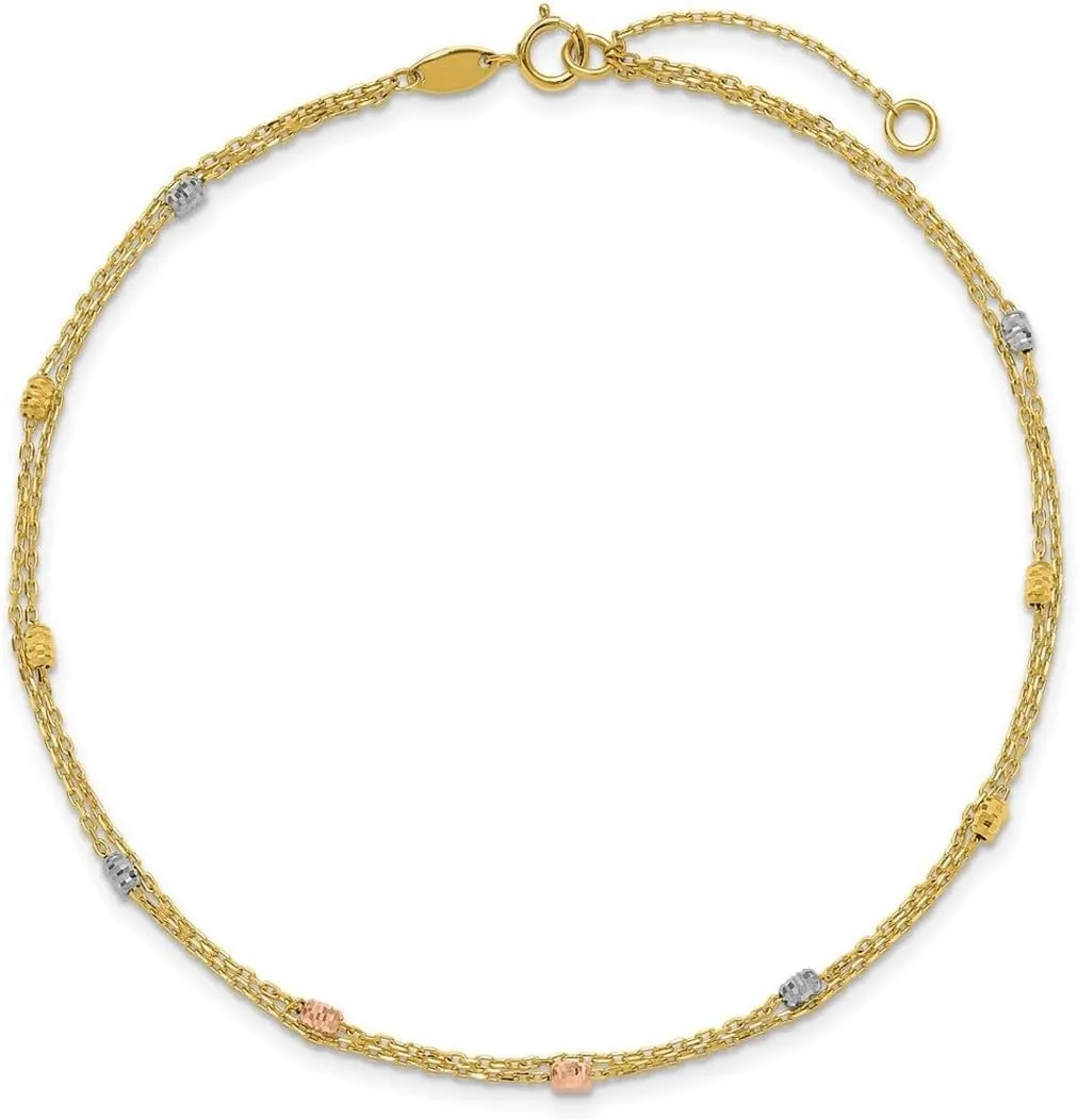 JewelryWeb 0.65mm 14k Solid Gold Tri color Polish Sparkle Cut 2 strand Plus 1in Extension Anklet 9 Inch-Anklet for Women