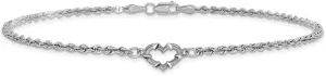 JewelryWeb 10k White Gold Sparkle Cut Rope With Love Heart Anklet 10mm Wide-Anklet for Women