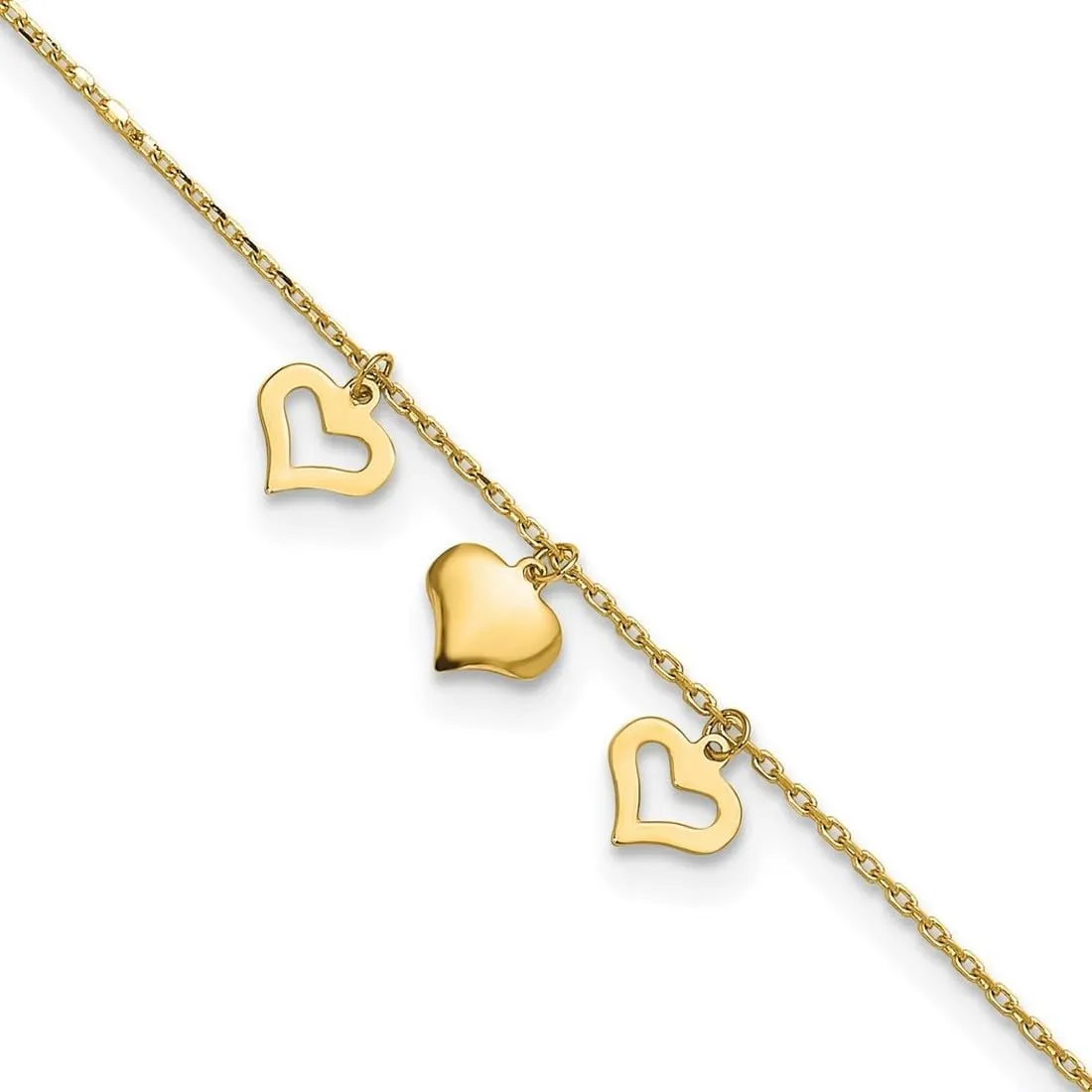 JewelryWeb 14k Gold 3 Love Hearts 10inch Plus 1 Inch Extension Anklet 7mm Wide-Anklet for Women