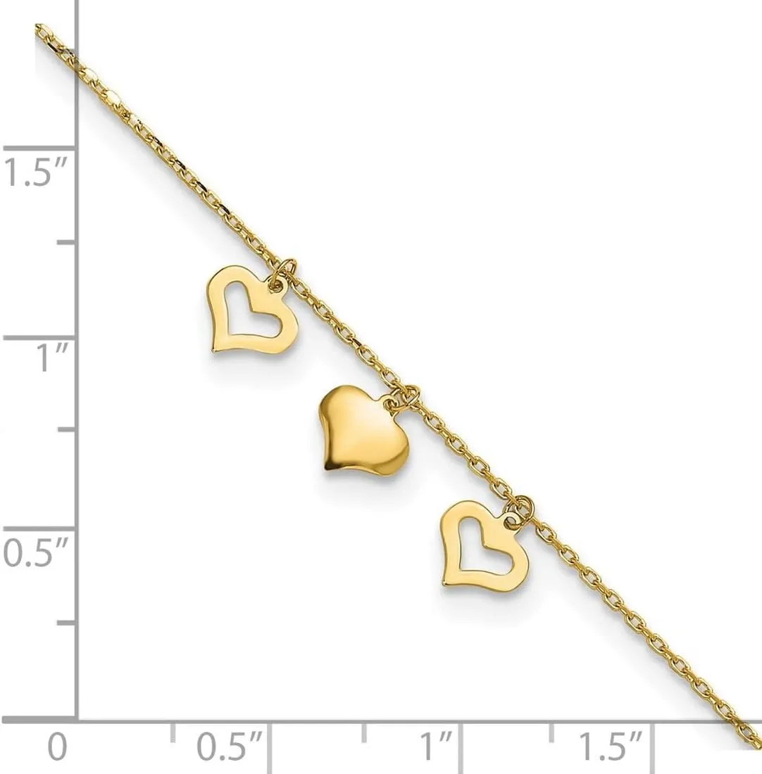 JewelryWeb 14k Gold 3 Love Hearts 10inch Plus 1 Inch Extension Anklet 7mm Wide-Anklet for Women
