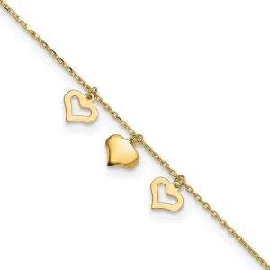 JewelryWeb 14k Gold 3 Love Hearts 10inch Plus 1 Inch Extension Anklet 7mm Wide-Anklet for Women