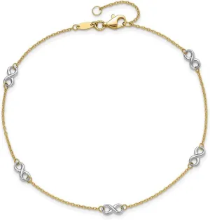 JewelryWeb 14k Two tone Gold Polished Infinity Plus 1 In Ext. Anklet 1mm Wide-Anklet for Women