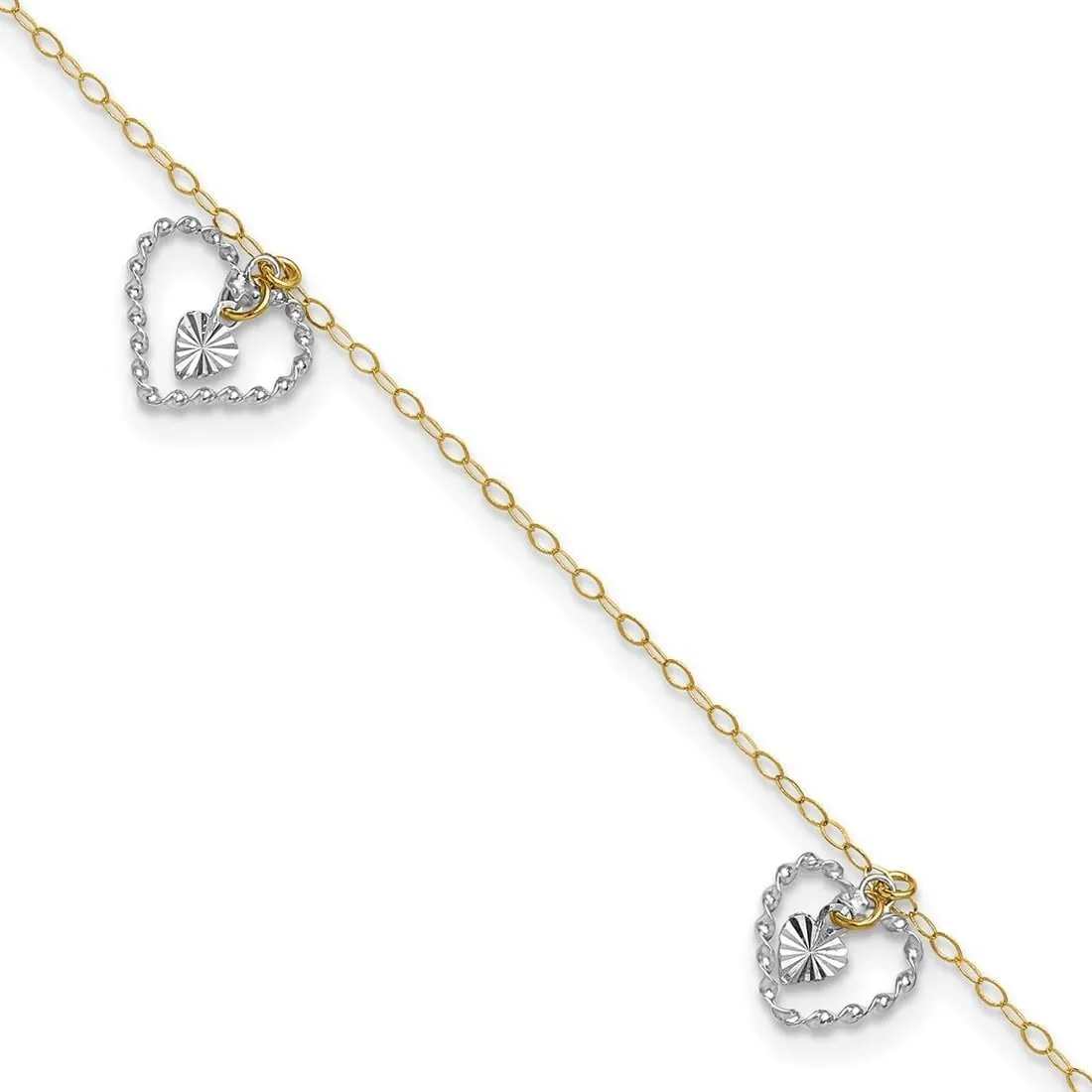 JewelryWeb 14k Two Tone Textured Polished Spring-Ring Gold Twisted and Sparkle Cut Love Hearts With 1inch Ext Anklet 9 Inch-Anklet for Women