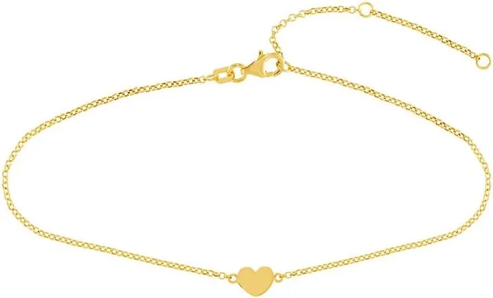 JewelryWeb 14k Yellow Gold Mini Love Heart Rolo Adjustable Anklet Bracelet 10 Inch-Anklet for Women