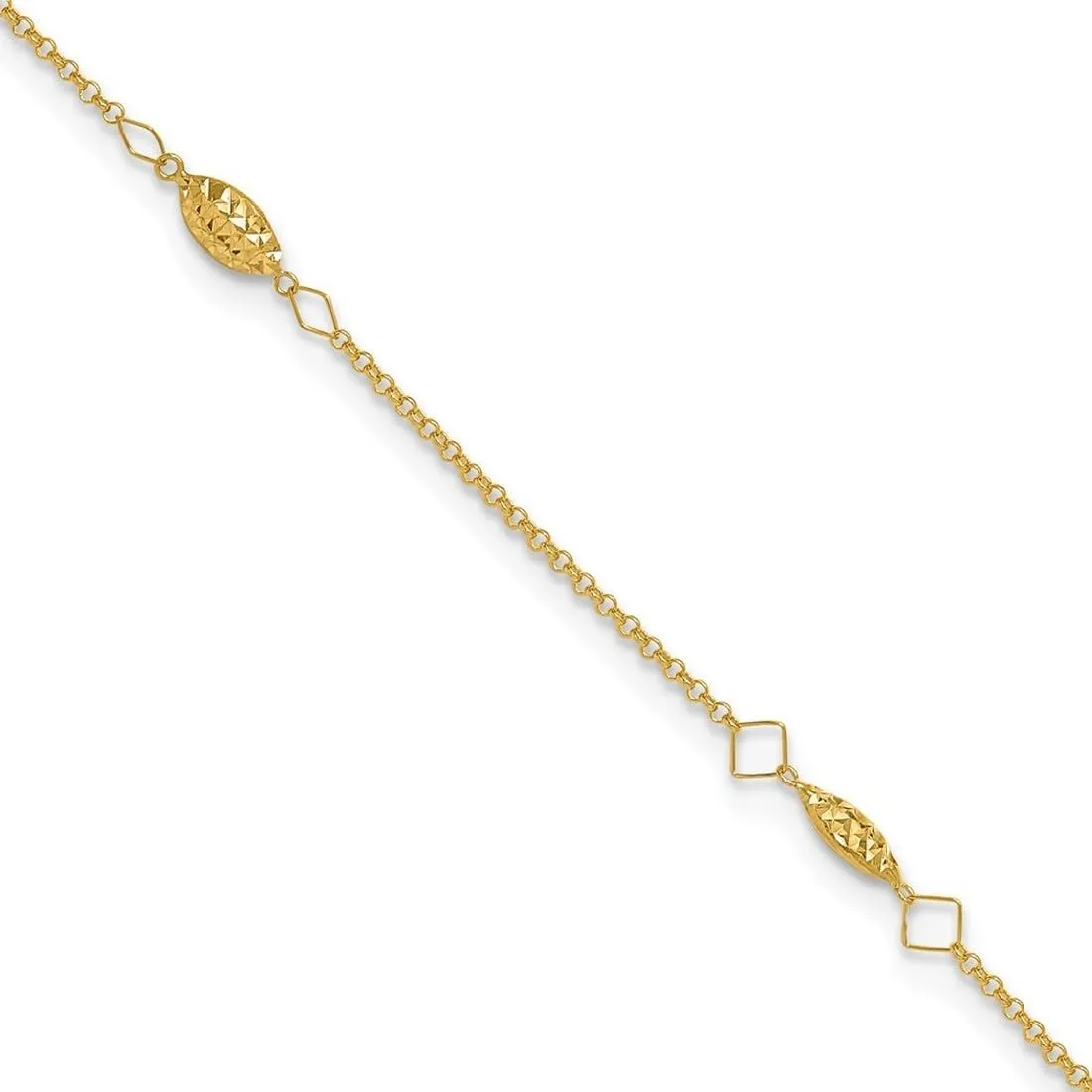 JewelryWeb 14k Yellow Gold Polished Spring-Ring Circle Chain Sparkle Cut Rice Puff Beads With 1in Ext Anklet-Anklet for Women and Men