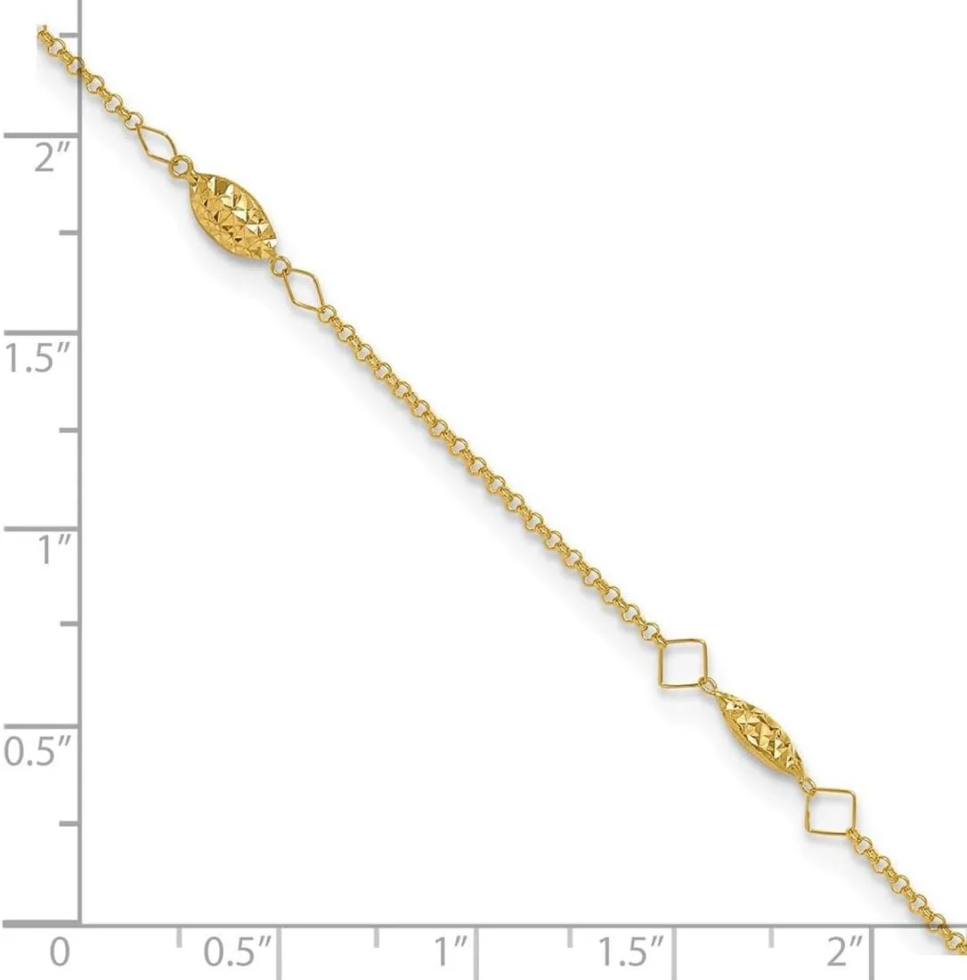 JewelryWeb 14k Yellow Gold Polished Spring-Ring Circle Chain Sparkle Cut Rice Puff Beads With 1in Ext Anklet-Anklet for Women and Men