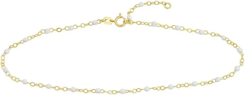 JewelryWeb 14k Yellow Gold White Enamel Bead Adjustable Chain Ankle Bracelet Spring-Ring Closure Anklet-Anklet for Women and Men