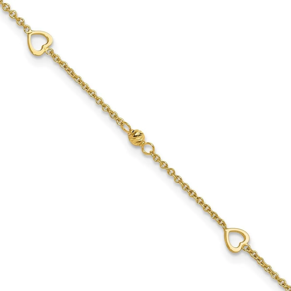 JewelryWeb 4.95mm 14k Solid Yellow Gold Polished and Sparkle Cut Love Hearts With 1 In Ext Anklet 10 Inch-Anklet for Women