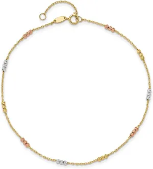 JewelryWeb 6mm 10k Solid Gold Tri color Polished With Sparkle Cut Bead Plus 1in. Extension Anklet 9 Inch-Anklet for Women