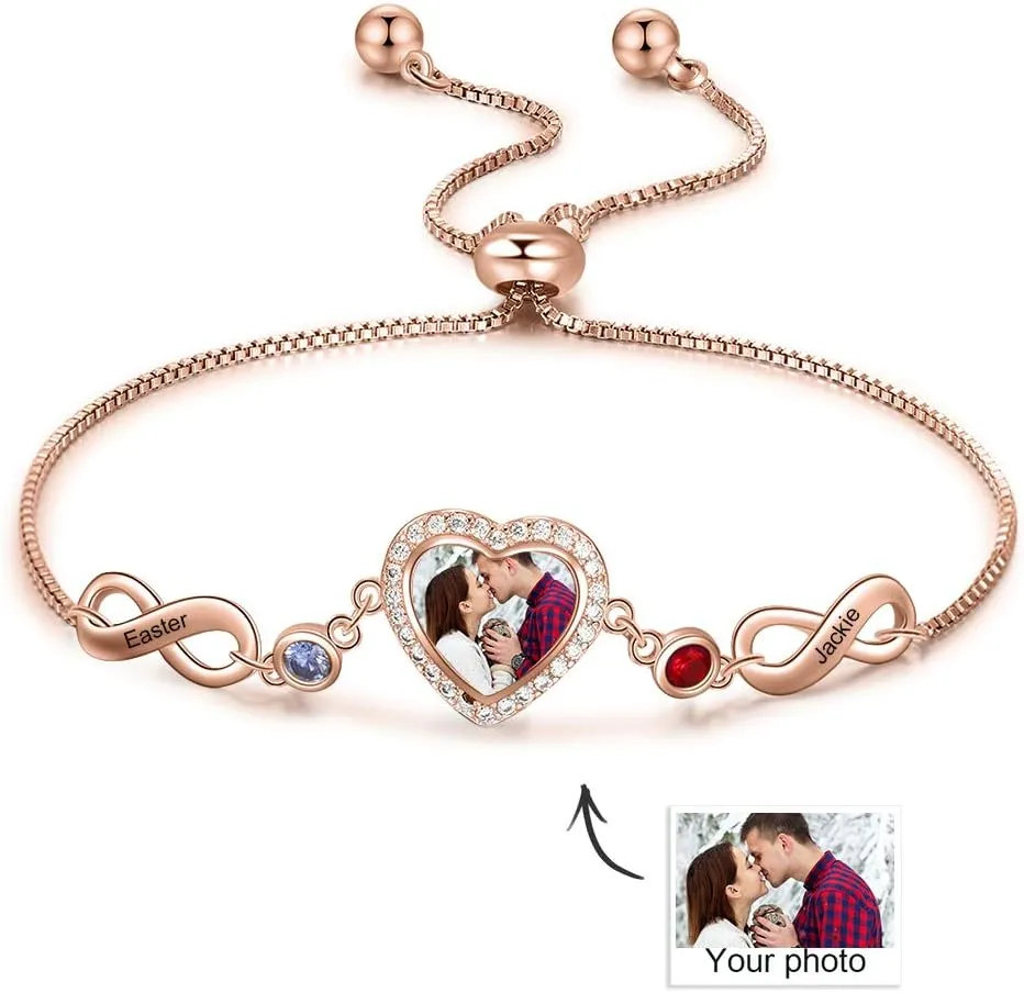 Jewelstruck Friendship Bracelets Personalized Heart Locket Bracelets for Women Infinity Gold Locket with Picture Custom Birthstones Names for Mom Daughter Wife Best Friends