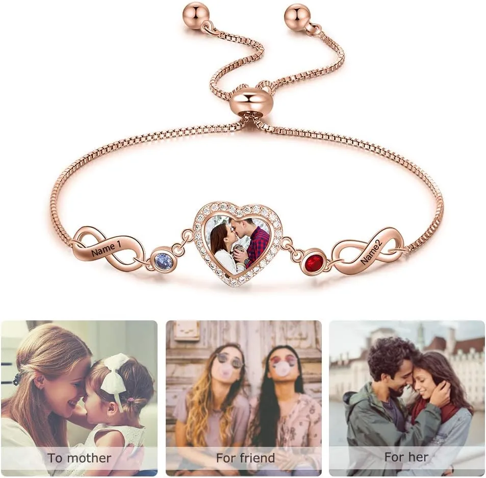 Jewelstruck Friendship Bracelets Personalized Heart Locket Bracelets for Women Infinity Gold Locket with Picture Custom Birthstones Names for Mom Daughter Wife Best Friends