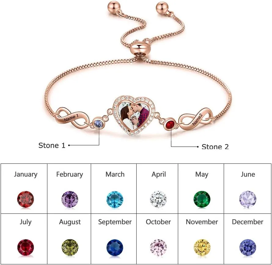 Jewelstruck Friendship Bracelets Personalized Heart Locket Bracelets for Women Infinity Gold Locket with Picture Custom Birthstones Names for Mom Daughter Wife Best Friends
