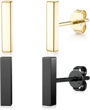 JIAYIQI 2 Pairs Bar Stud Earrings for Women Dainty Small Gold Bar Earrings Hypollergenic Sterling Silver Black Bar Stud Earrings Set