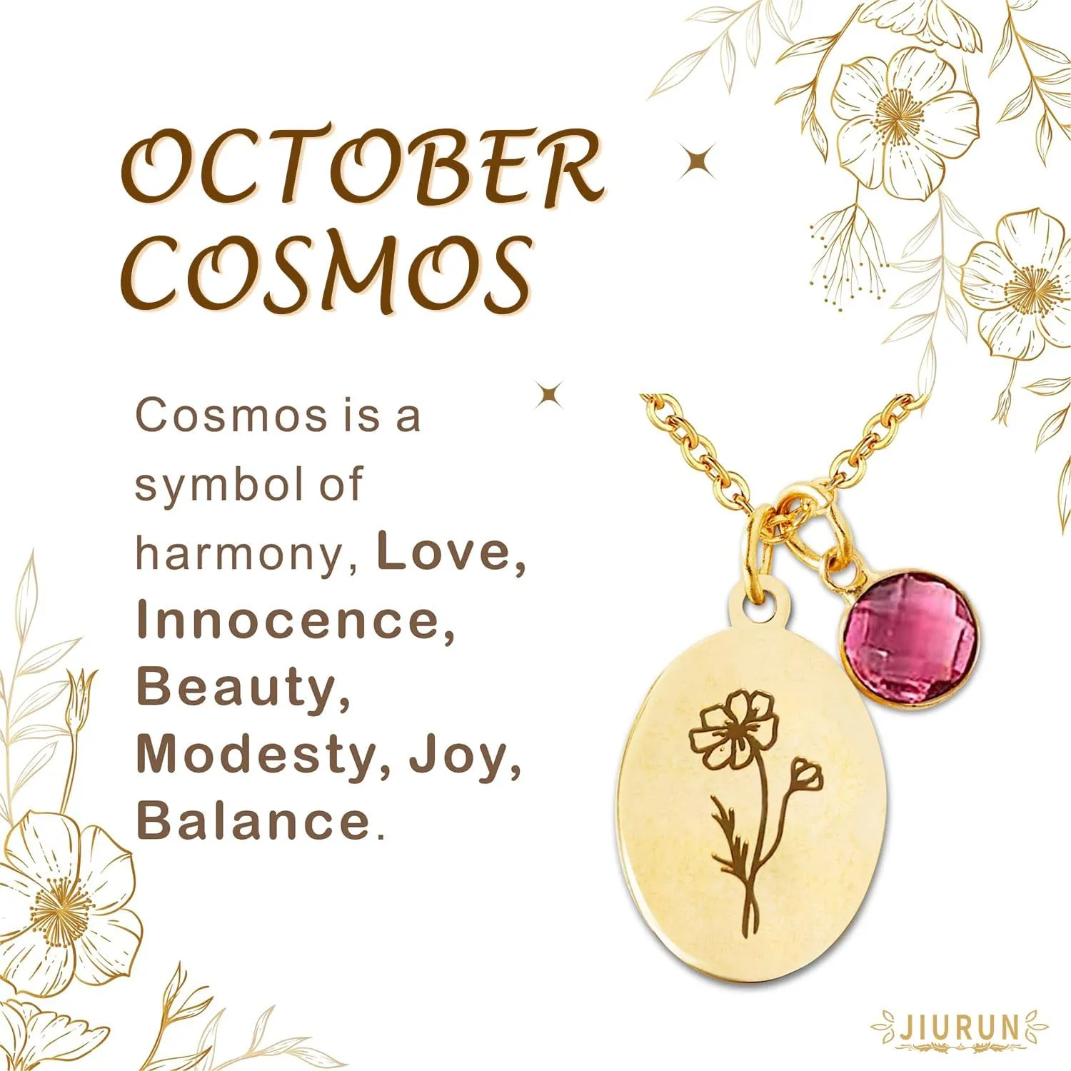 JIURUN Birth Flower Necklace for Women Mom,18K Gold Plated Dainty Birthstone Pendant Handmade Necklaces Personalized Floral Pendant Birthday Gifts Mothers Day Valentines Day Gift For Women