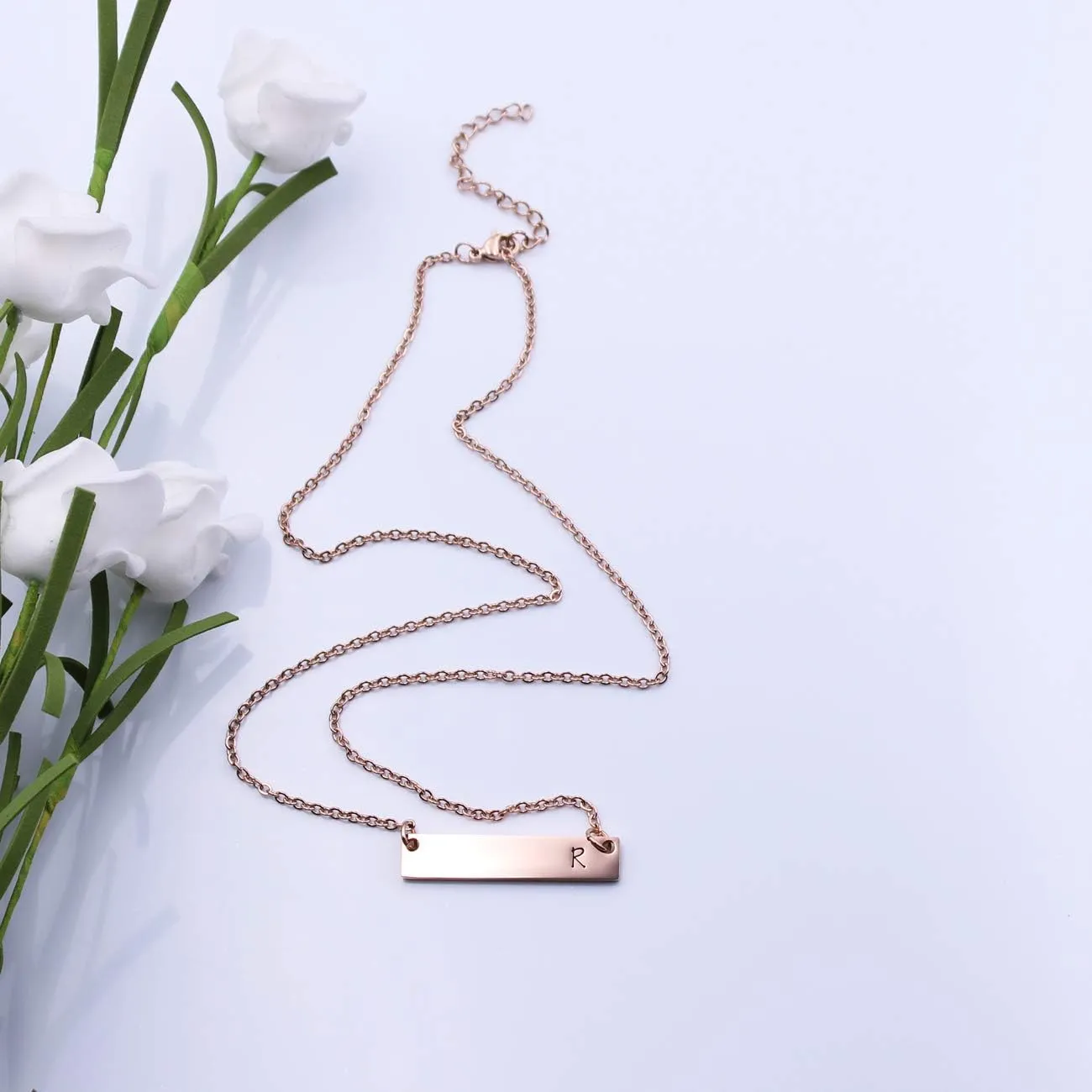JJTZX Silver & Rose Gold Initial Bar Necklace Engraved Name Bar Pendant Wedding Initial Bridesmaid Gift
