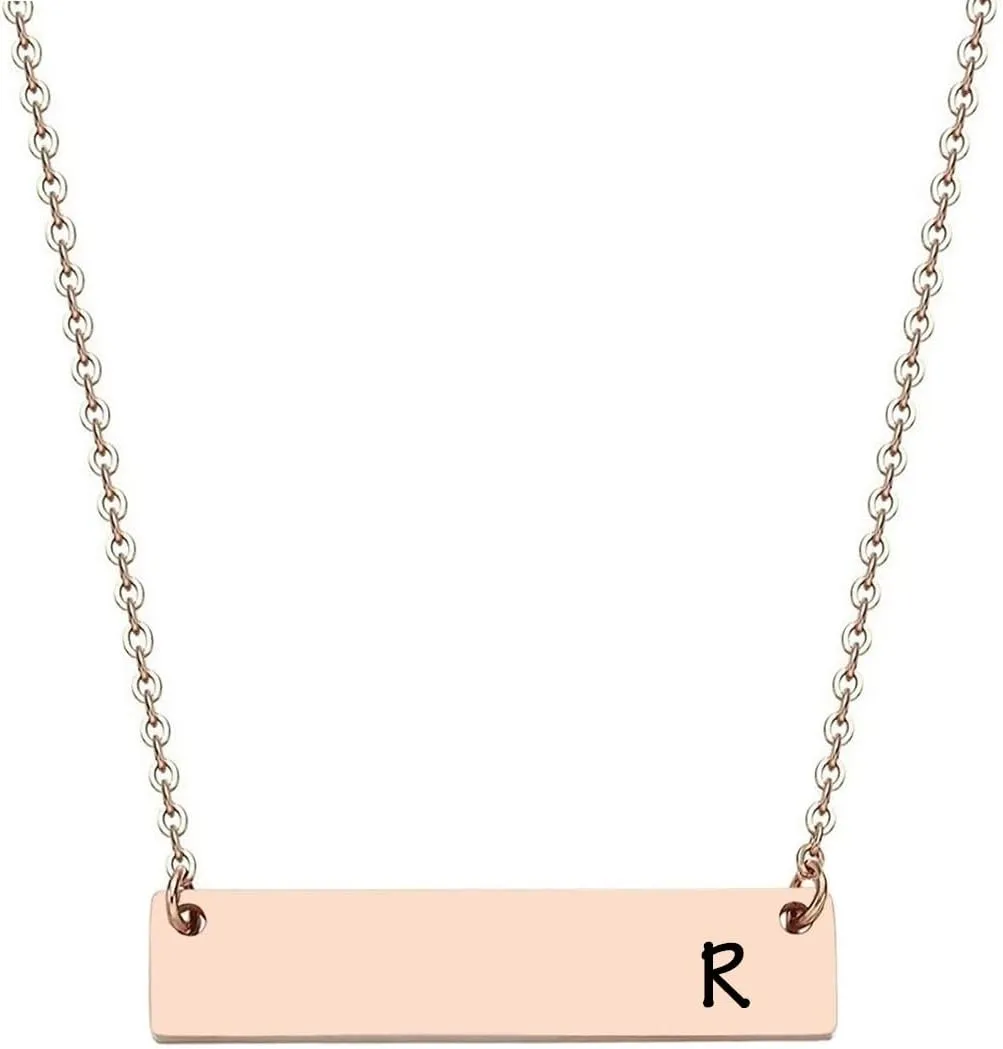 JJTZX Silver & Rose Gold Initial Bar Necklace Engraved Name Bar Pendant Wedding Initial Bridesmaid Gift