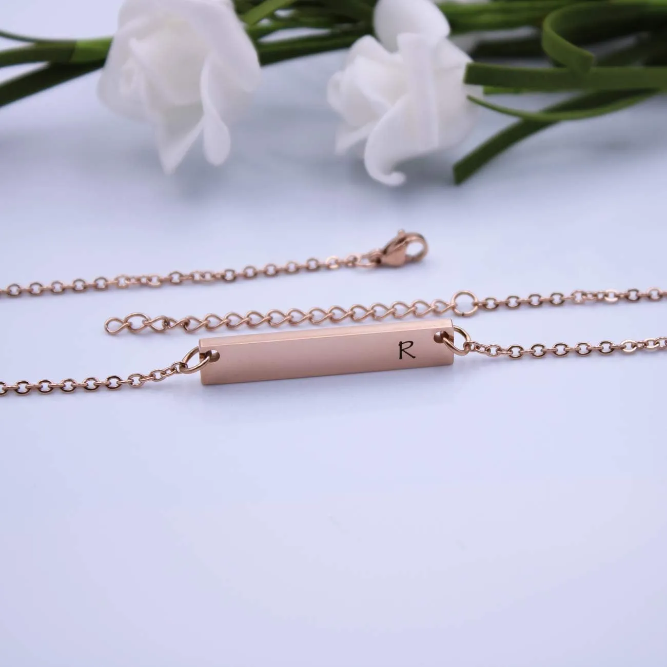 JJTZX Silver & Rose Gold Initial Bar Necklace Engraved Name Bar Pendant Wedding Initial Bridesmaid Gift