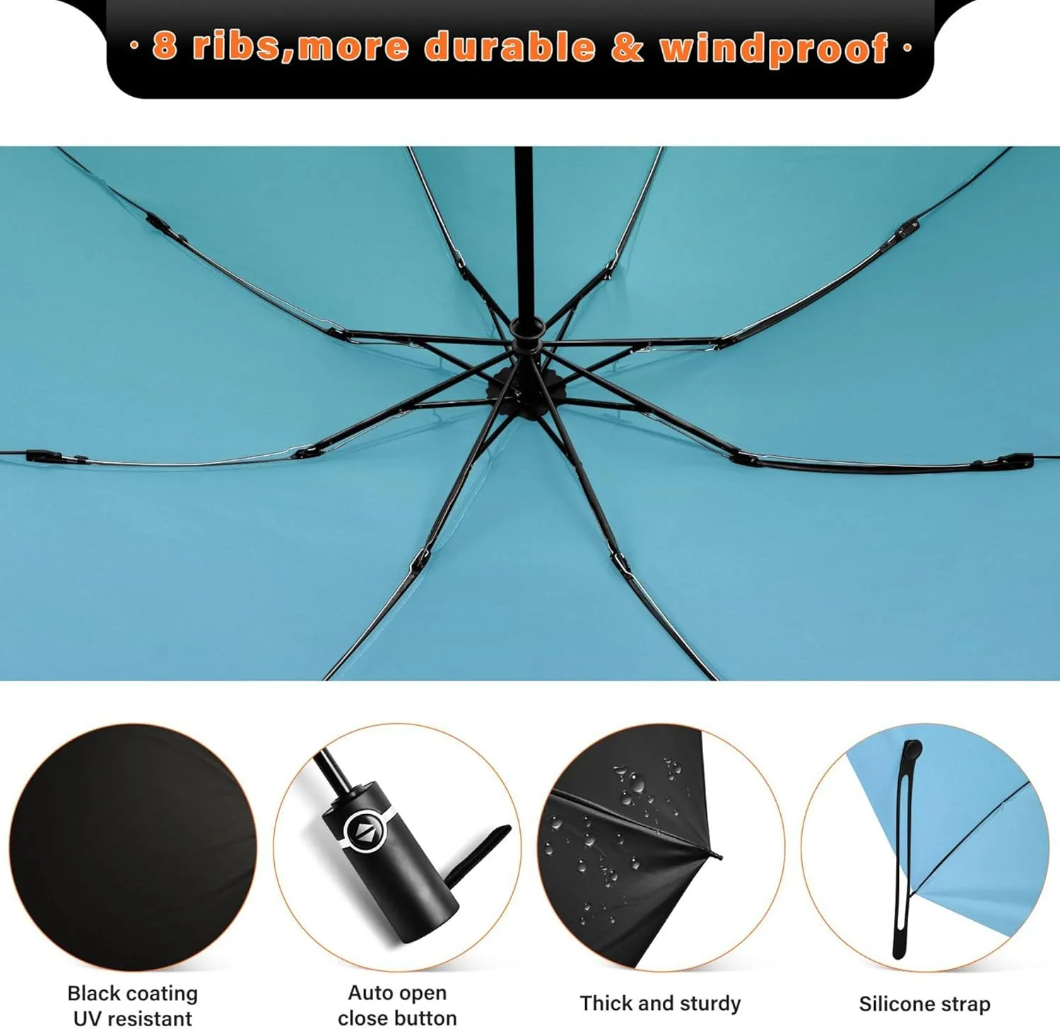Joisal Teal Blue Light Sky Gradient Travel Foldable Umbrella Compact Black Sun Blocking Umbrella Upf 50 Automatic Rain Umbrellas for Rain & Sun