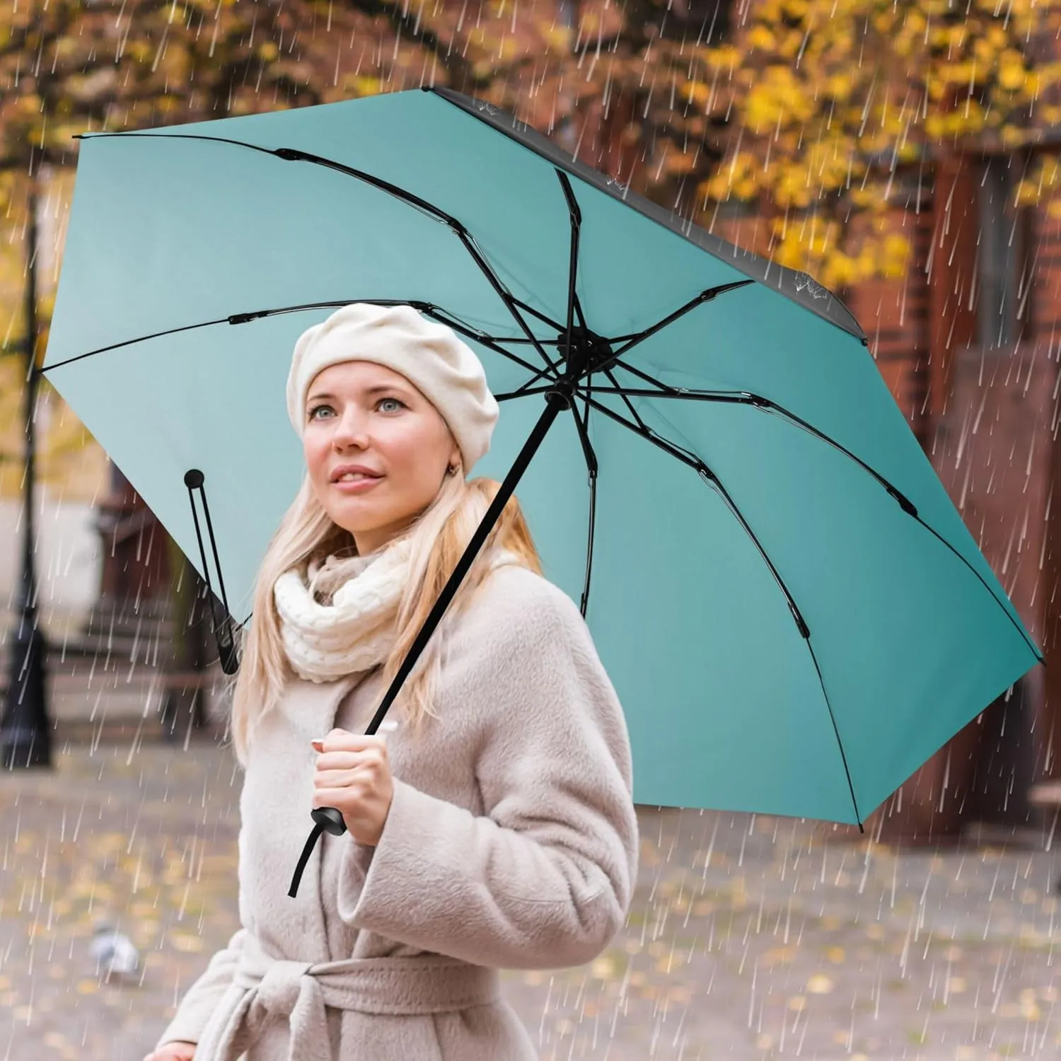 Joisal Teal Blue Light Sky Gradient Travel Foldable Umbrella Compact Black Sun Blocking Umbrella Upf 50 Automatic Rain Umbrellas for Rain & Sun