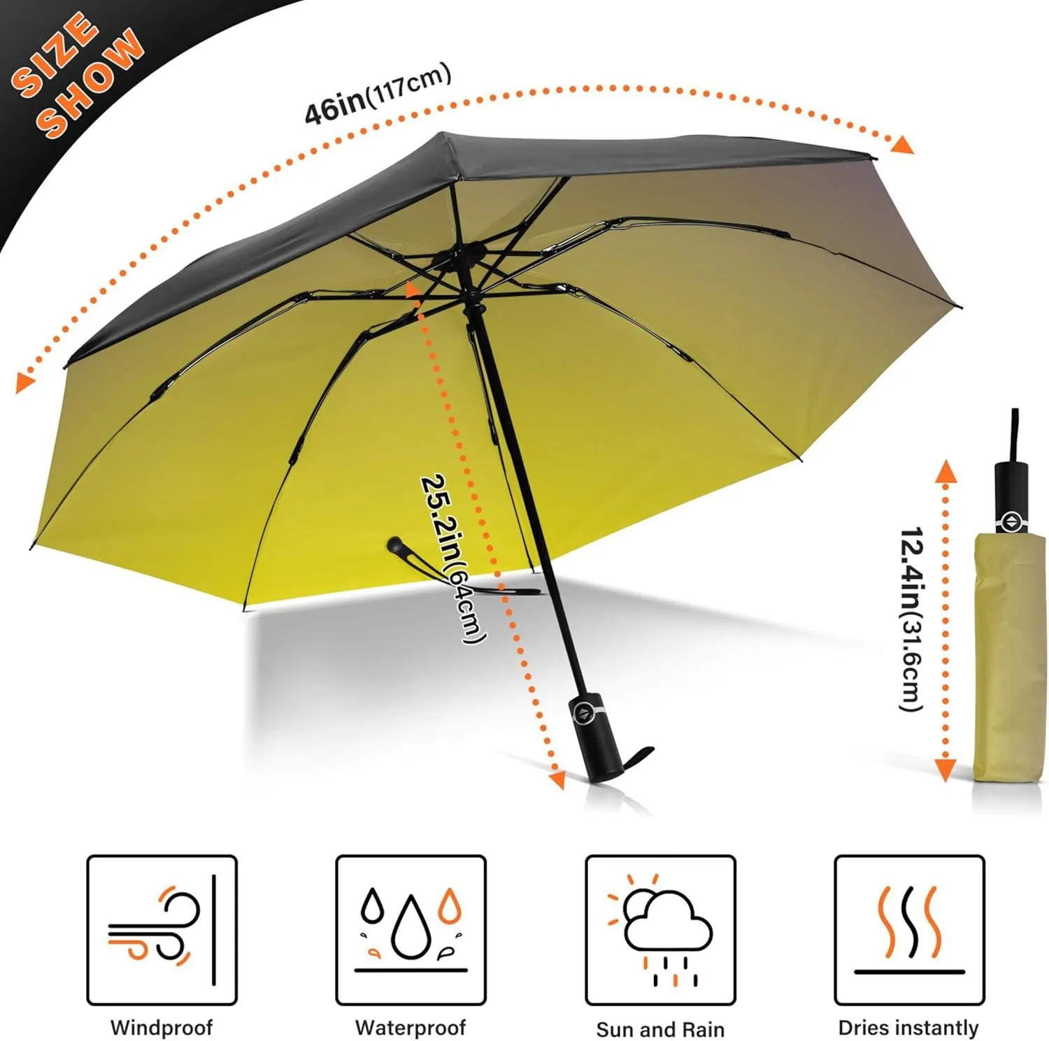 Joisal Teal Blue Light Sky Gradient Travel Foldable Umbrella Compact Black Sun Blocking Umbrella Upf 50 Automatic Rain Umbrellas for Rain & Sun