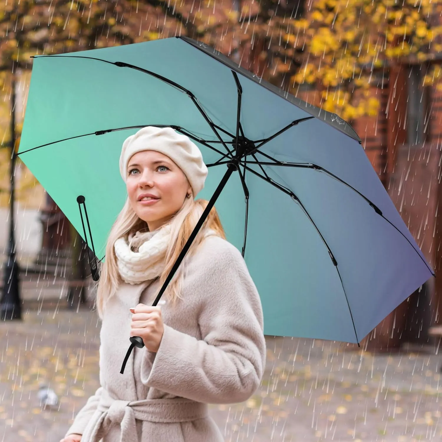 Joisal Teal Blue Light Sky Gradient Travel Foldable Umbrella Compact Black Sun Blocking Umbrella Upf 50 Automatic Rain Umbrellas for Rain & Sun