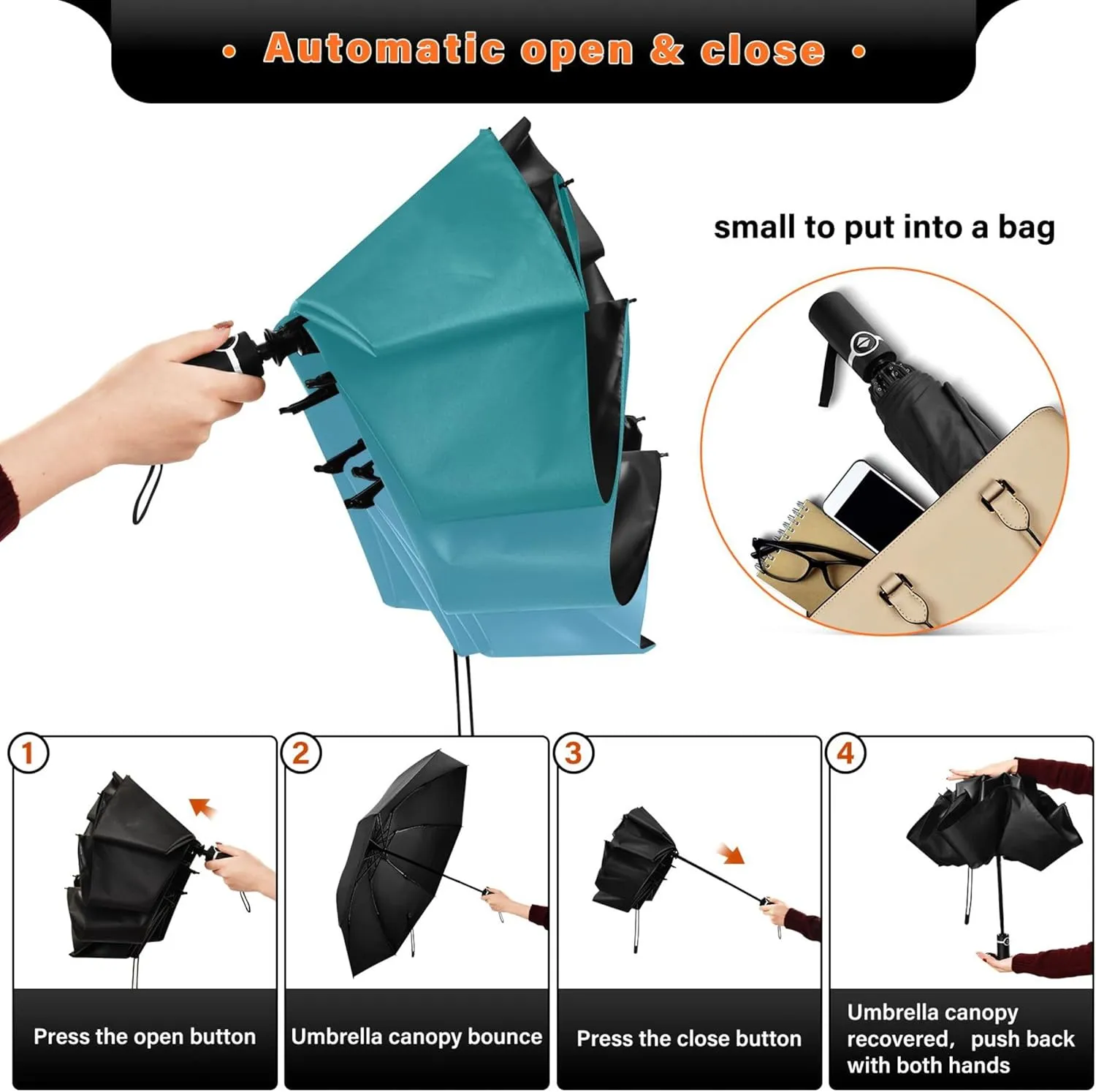 Joisal Teal Blue Light Sky Gradient Travel Foldable Umbrella Compact Black Sun Blocking Umbrella Upf 50 Automatic Rain Umbrellas for Rain & Sun