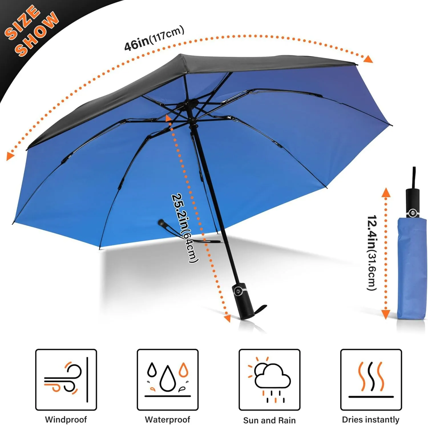 Joisal Teal Blue Light Sky Gradient Travel Foldable Umbrella Compact Black Sun Blocking Umbrella Upf 50 Automatic Rain Umbrellas for Rain & Sun
