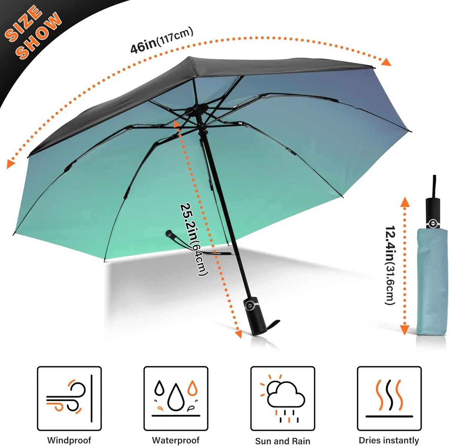 Joisal Teal Blue Light Sky Gradient Travel Foldable Umbrella Compact Black Sun Blocking Umbrella Upf 50 Automatic Rain Umbrellas for Rain & Sun