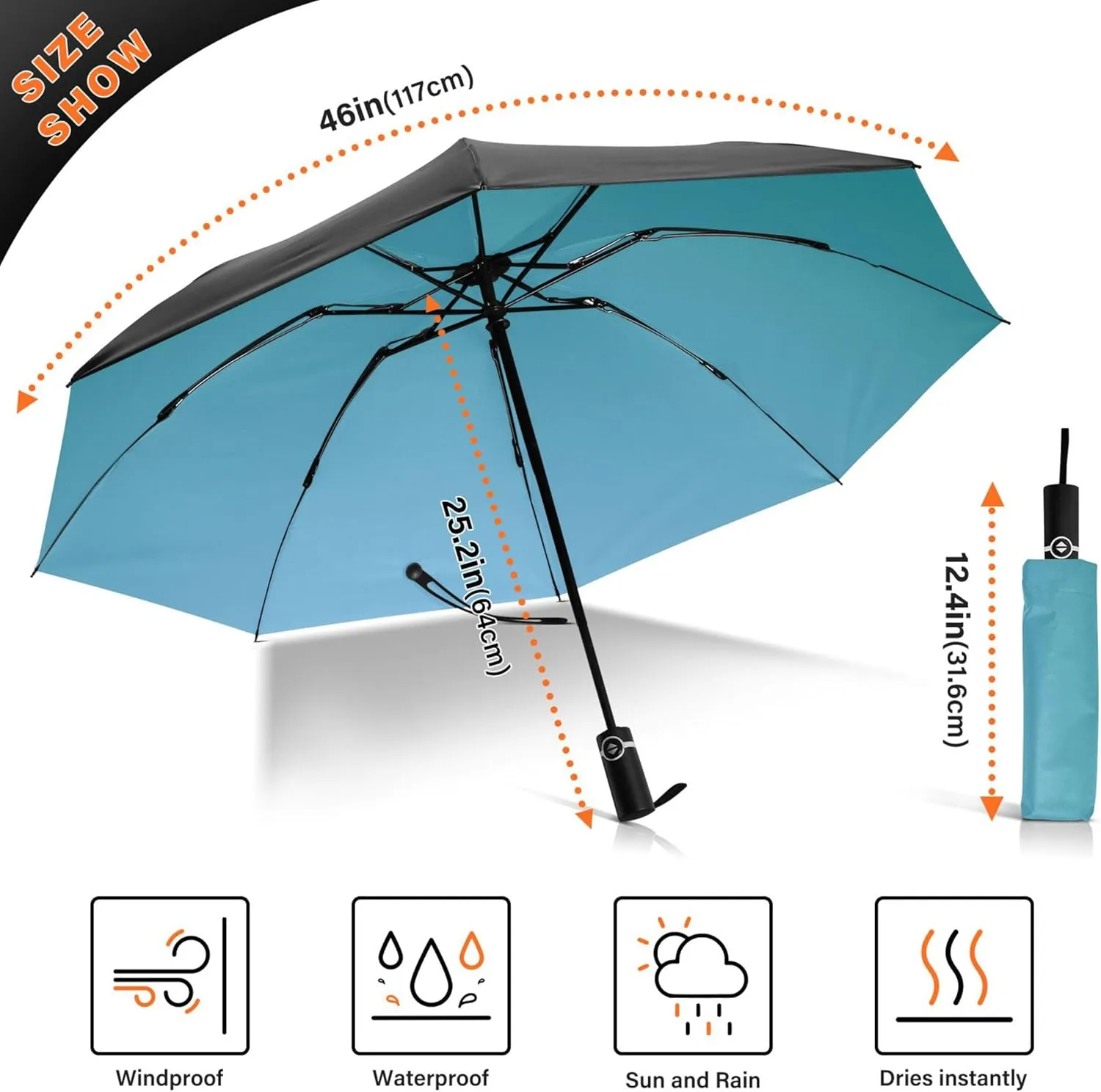 Joisal Teal Blue Light Sky Gradient Travel Foldable Umbrella Compact Black Sun Blocking Umbrella Upf 50 Automatic Rain Umbrellas for Rain & Sun