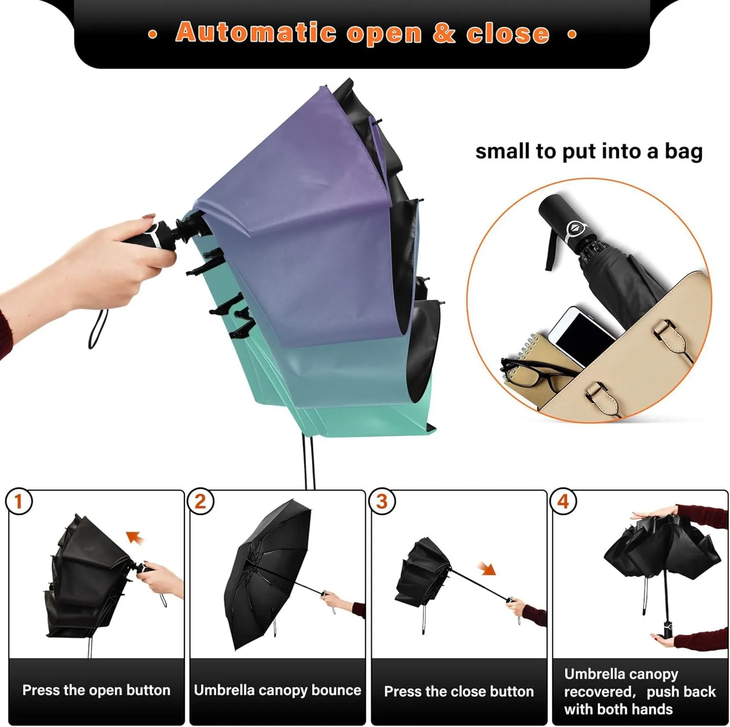Joisal Teal Blue Light Sky Gradient Travel Foldable Umbrella Compact Black Sun Blocking Umbrella Upf 50 Automatic Rain Umbrellas for Rain & Sun