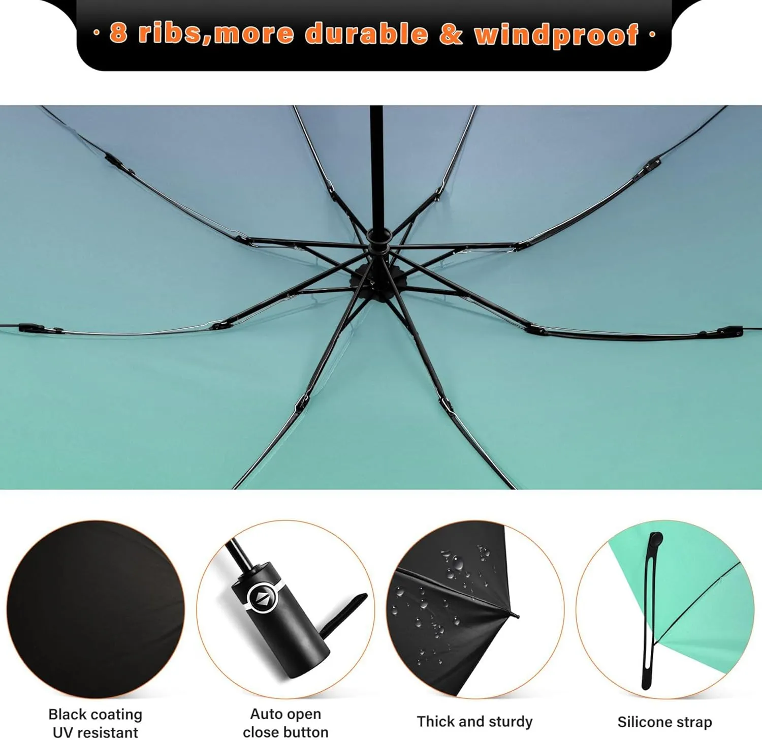 Joisal Teal Blue Light Sky Gradient Travel Foldable Umbrella Compact Black Sun Blocking Umbrella Upf 50 Automatic Rain Umbrellas for Rain & Sun