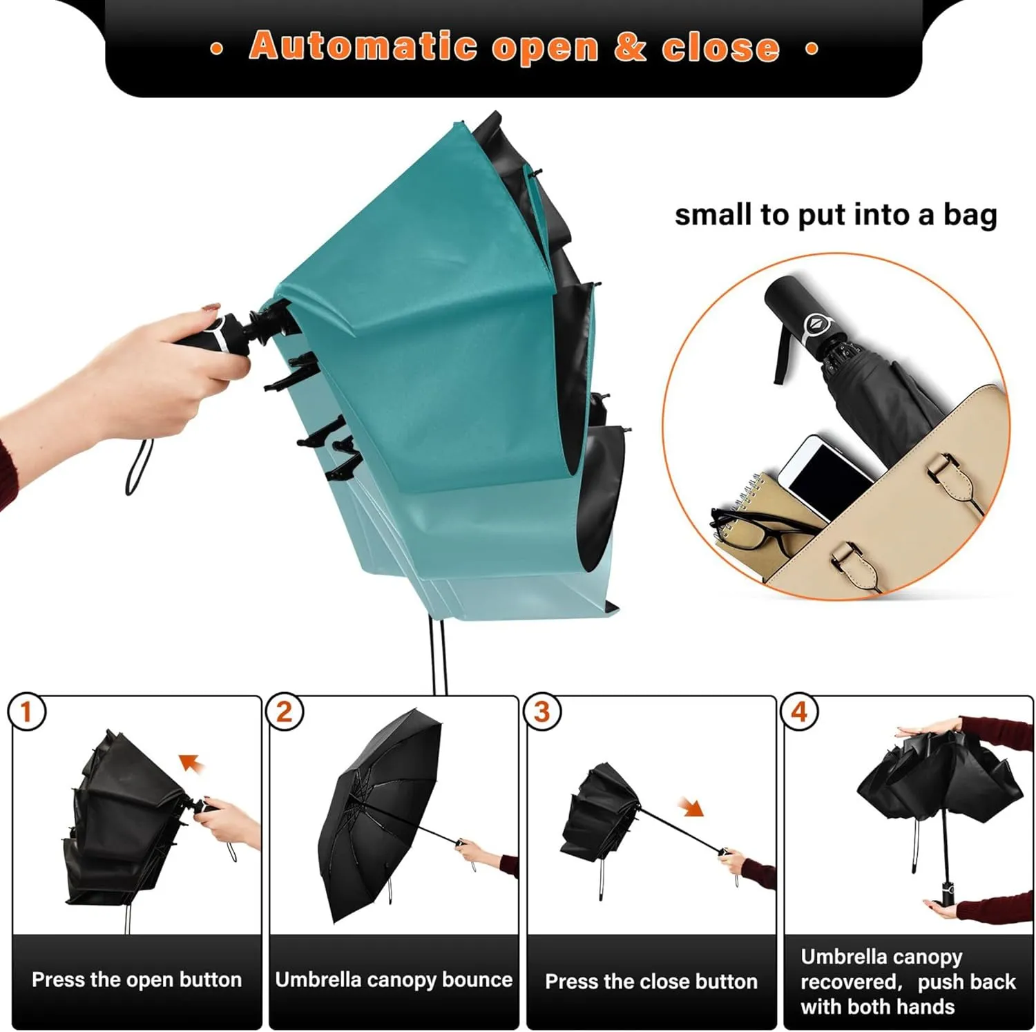 Joisal Teal Blue Light Sky Gradient Travel Foldable Umbrella Compact Black Sun Blocking Umbrella Upf 50 Automatic Rain Umbrellas for Rain & Sun