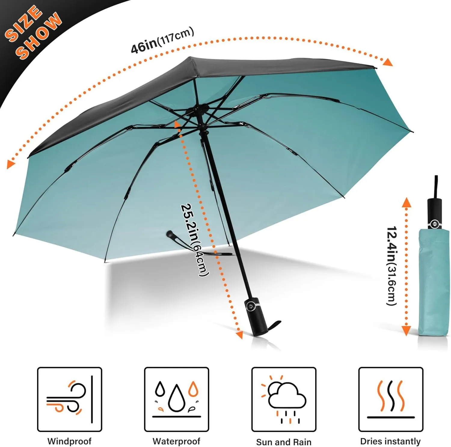 Joisal Teal Blue Light Sky Gradient Travel Foldable Umbrella Compact Black Sun Blocking Umbrella Upf 50 Automatic Rain Umbrellas for Rain & Sun