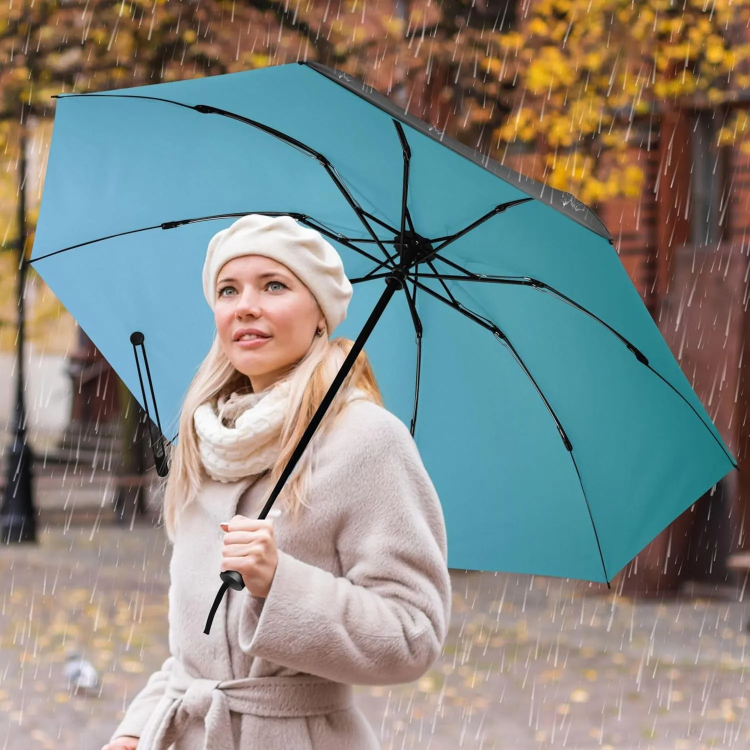 Joisal Teal Blue Light Sky Gradient Travel Foldable Umbrella Compact Black Sun Blocking Umbrella Upf 50 Automatic Rain Umbrellas for Rain & Sun