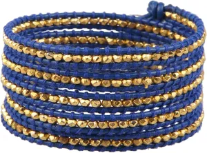 KELITCH Fashion Gold Beaded 5 Wrap Bracelets Fashion Handmade Blue Leather Bracelets