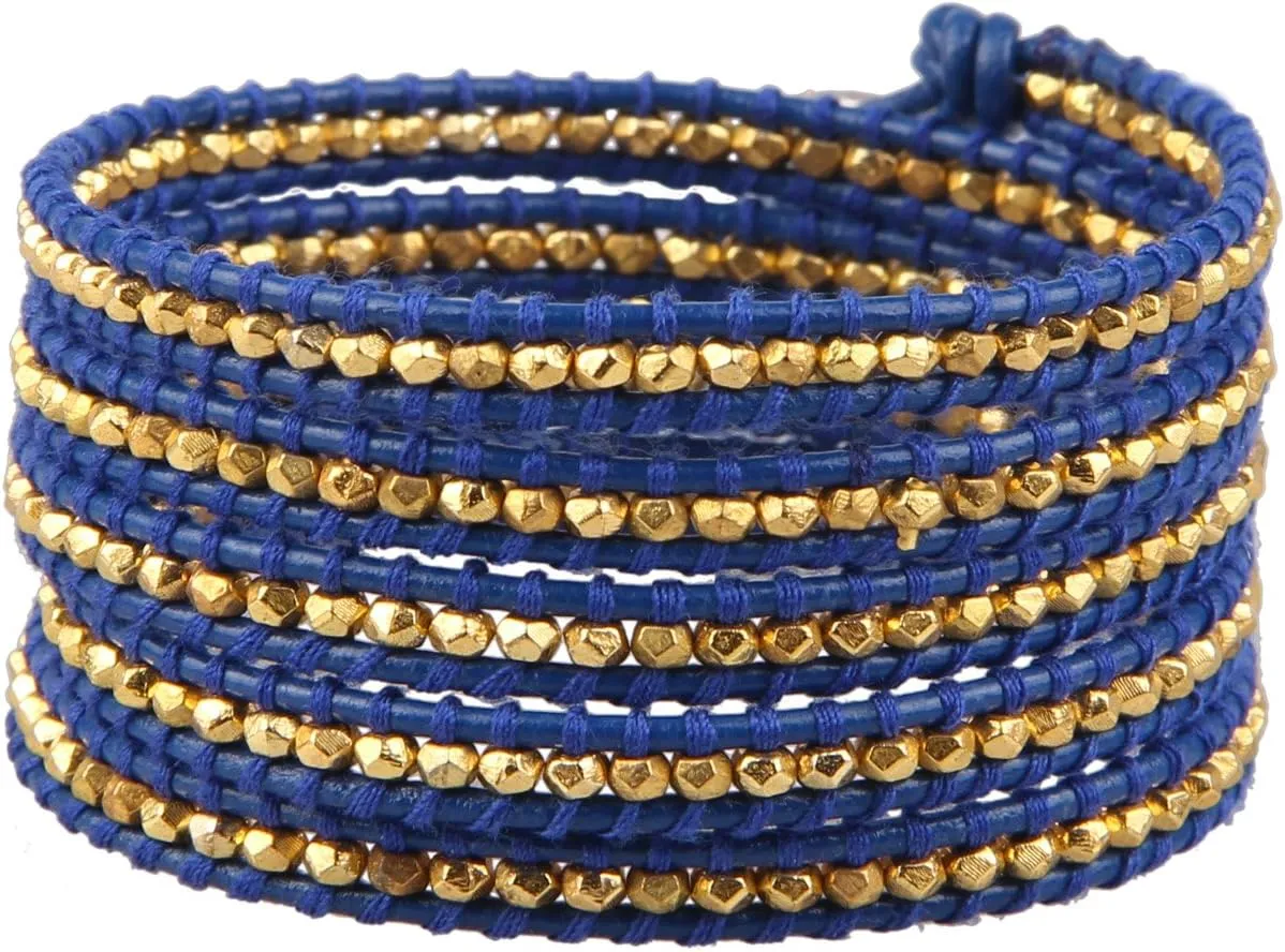 KELITCH Fashion Gold Beaded 5 Wrap Bracelets Fashion Handmade Blue Leather Bracelets