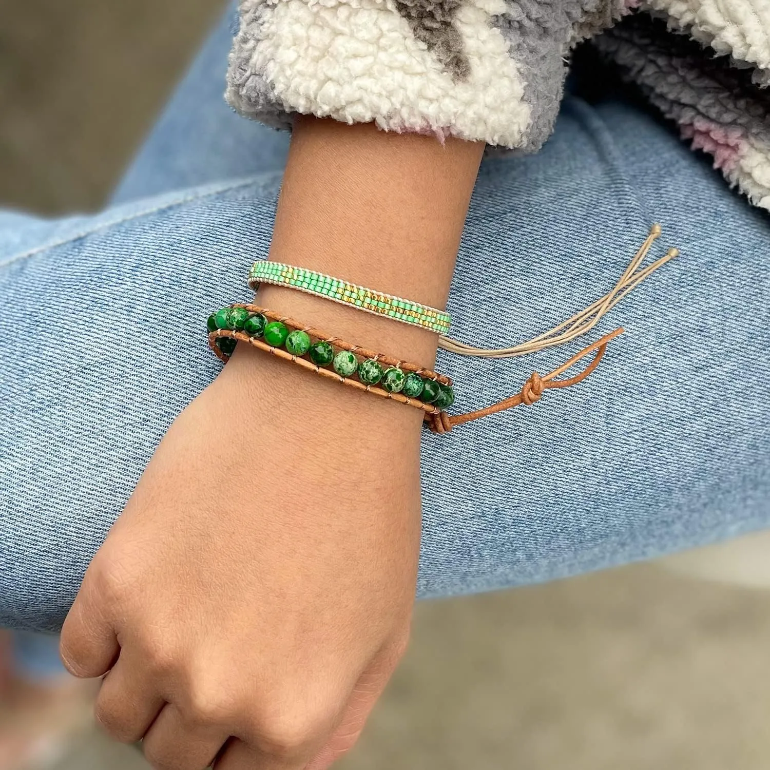 KELITCH Turquoise Mix Beaded Leather Wrap Bracelet for Women Handmade Charm Chain Link Bangle Charm Gift