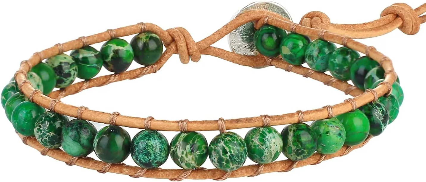 KELITCH Turquoise Mix Beaded Leather Wrap Bracelet for Women Handmade Charm Chain Link Bangle Charm Gift