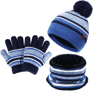 Kids Toddlers Winter Knit Warm Beanie Hat Scarf Gloves Set for Boys Girls Age 2-7, Pompom Cap Neck Warmer Gloves Fleece Lined