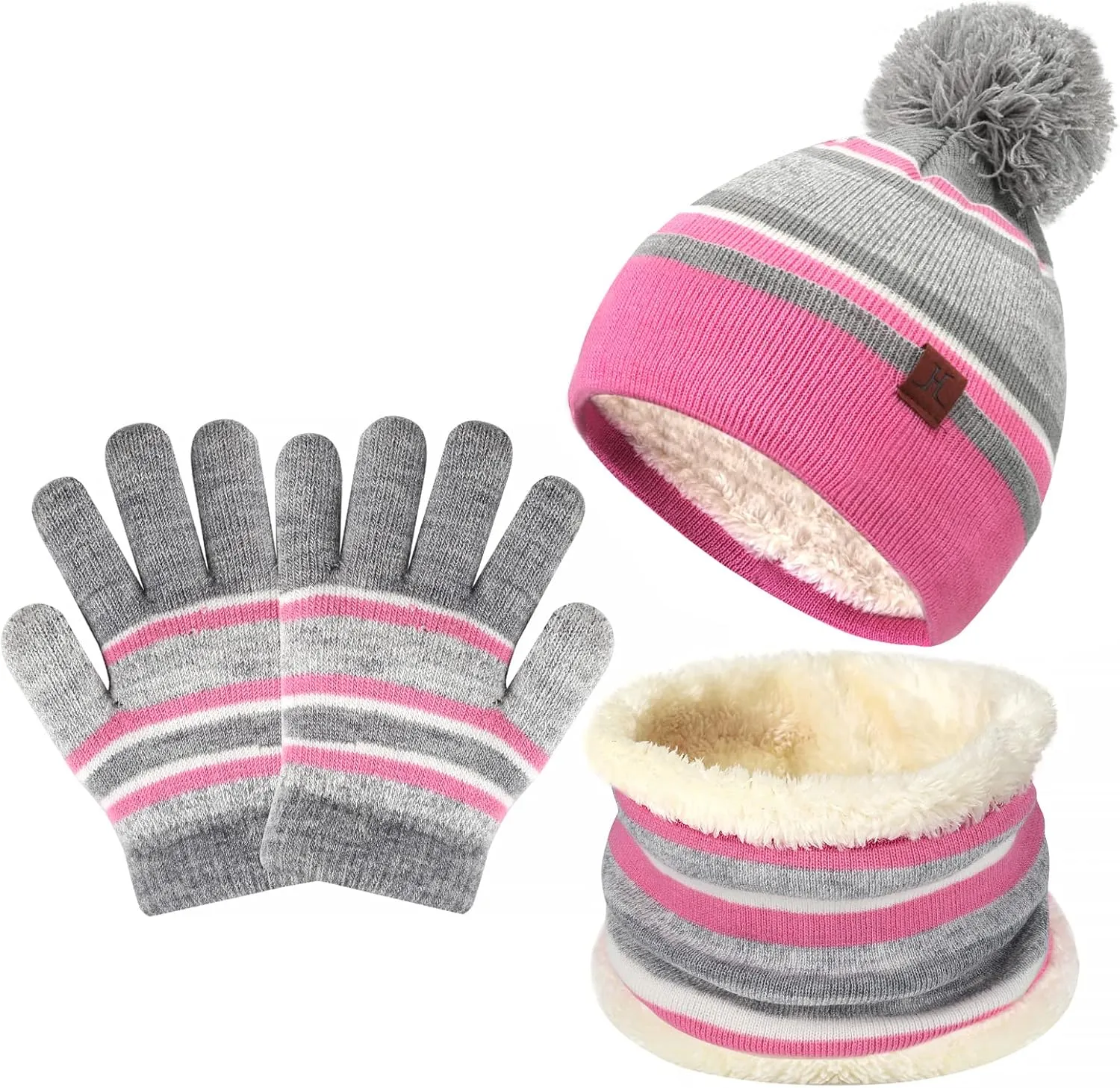 Kids Toddlers Winter Knit Warm Beanie Hat Scarf Gloves Set for Boys Girls Age 2-7, Pompom Cap Neck Warmer Gloves Fleece Lined